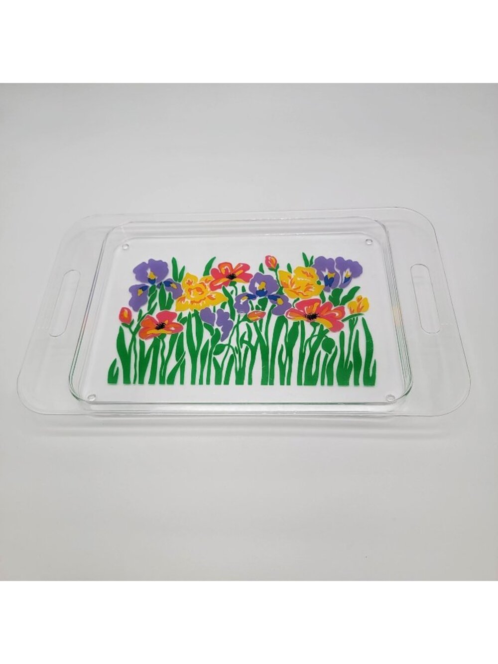 Vintage Acrylic Floral Serving Tray With Handles Colorful Flower Design